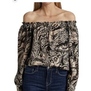 L’Agence Rowan Paisley Off The Shoulder Top MED Viscose Pirate Boho Beige Black